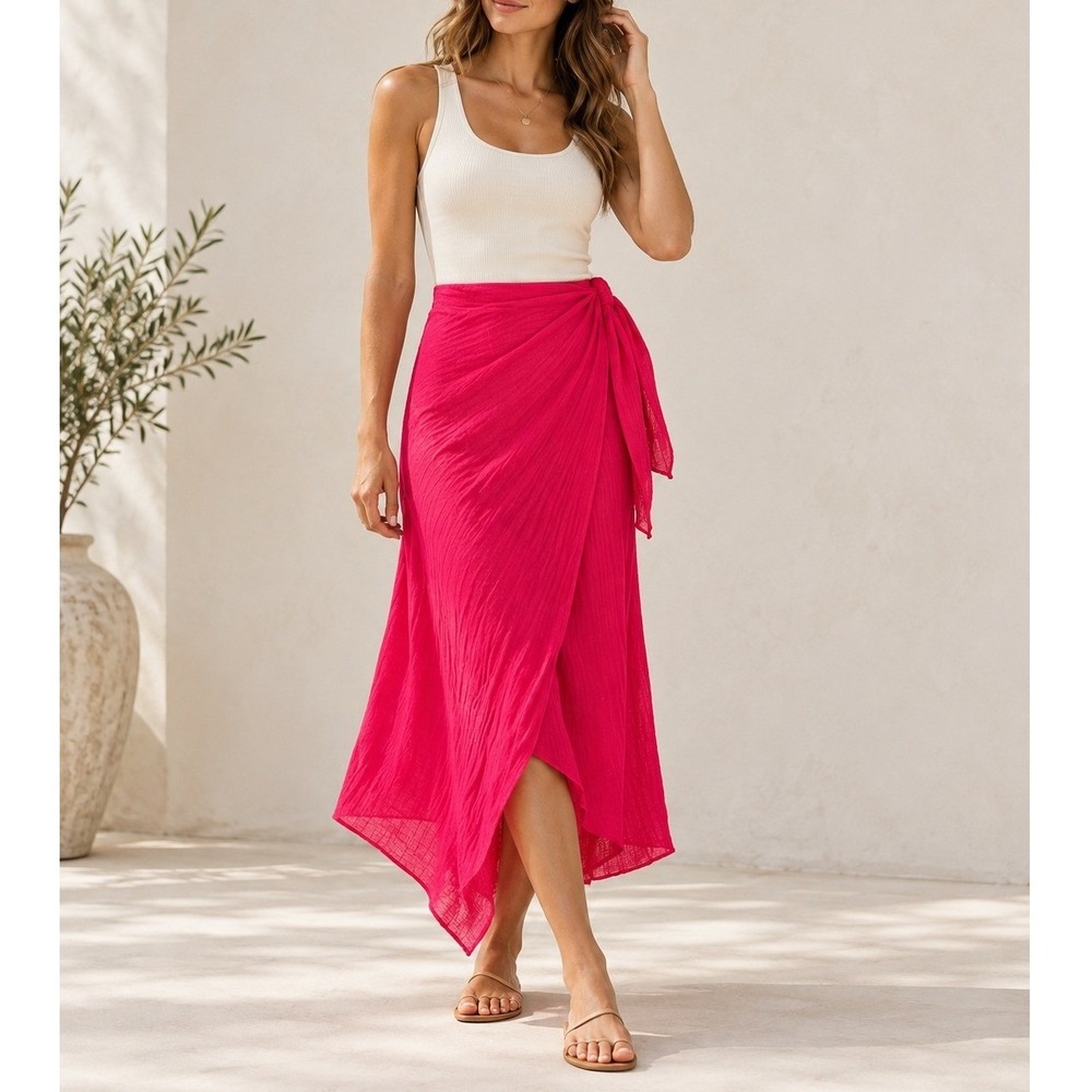Massimo Dutti Pink Linen Wrap Midi Skirt Fuchsia Side Tie Portugal Size M